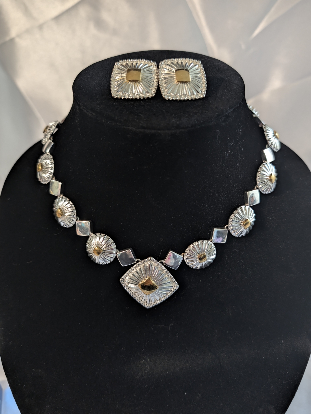 Avon Two-Tone Silver and Gold Floral Medallion Necklace with Matching Earrings